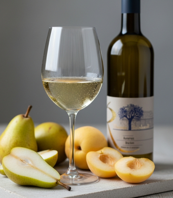 Auxerrois in Glas neben Früchten